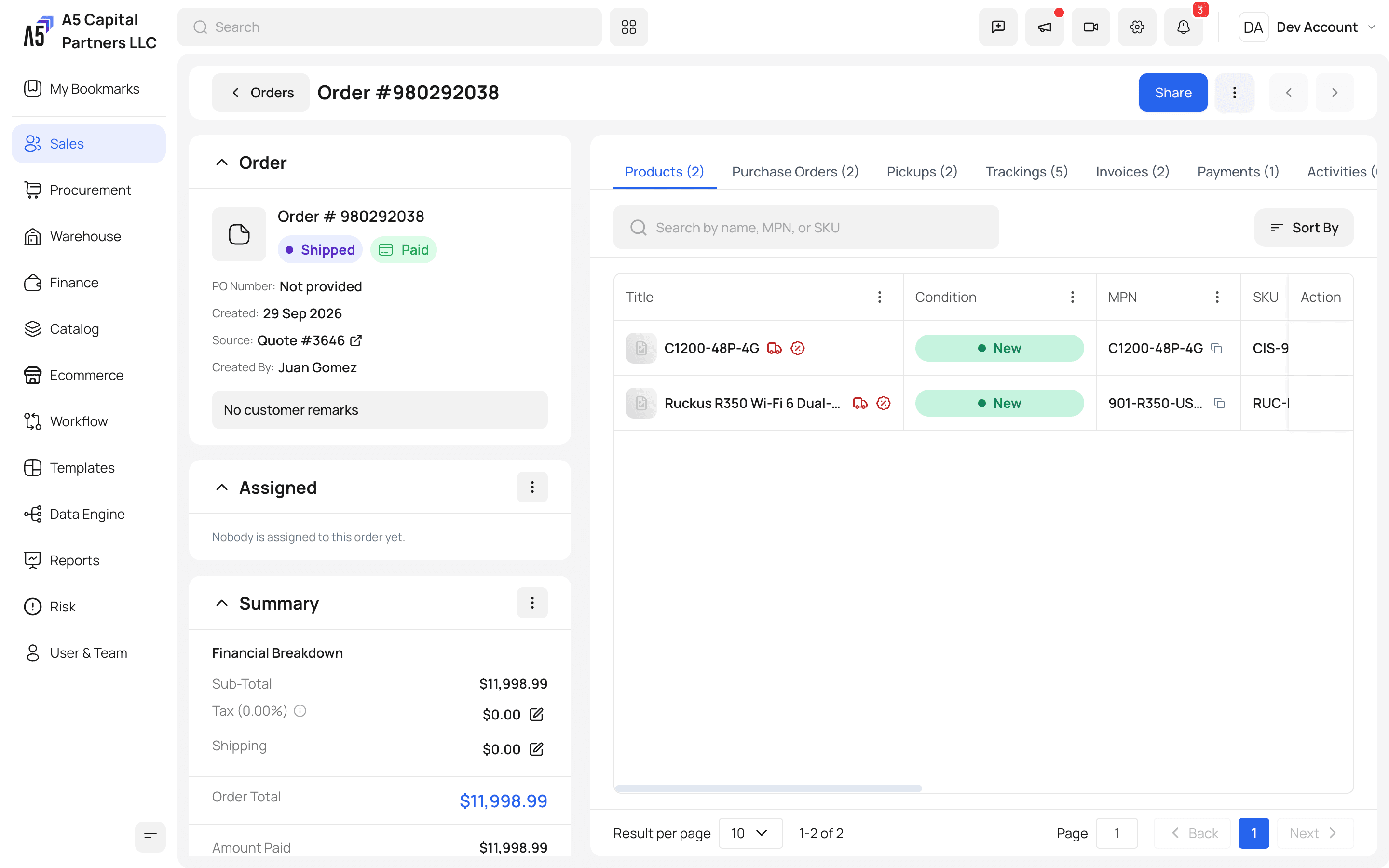 Order overview with routing and status