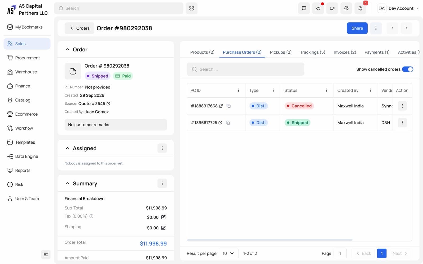 Order with its purchase orders split by vendor