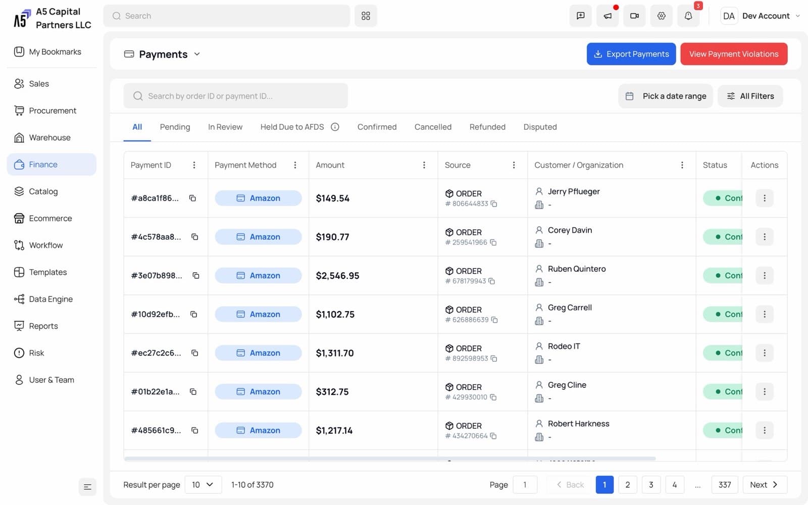 Payments list with card and ACH payments applied