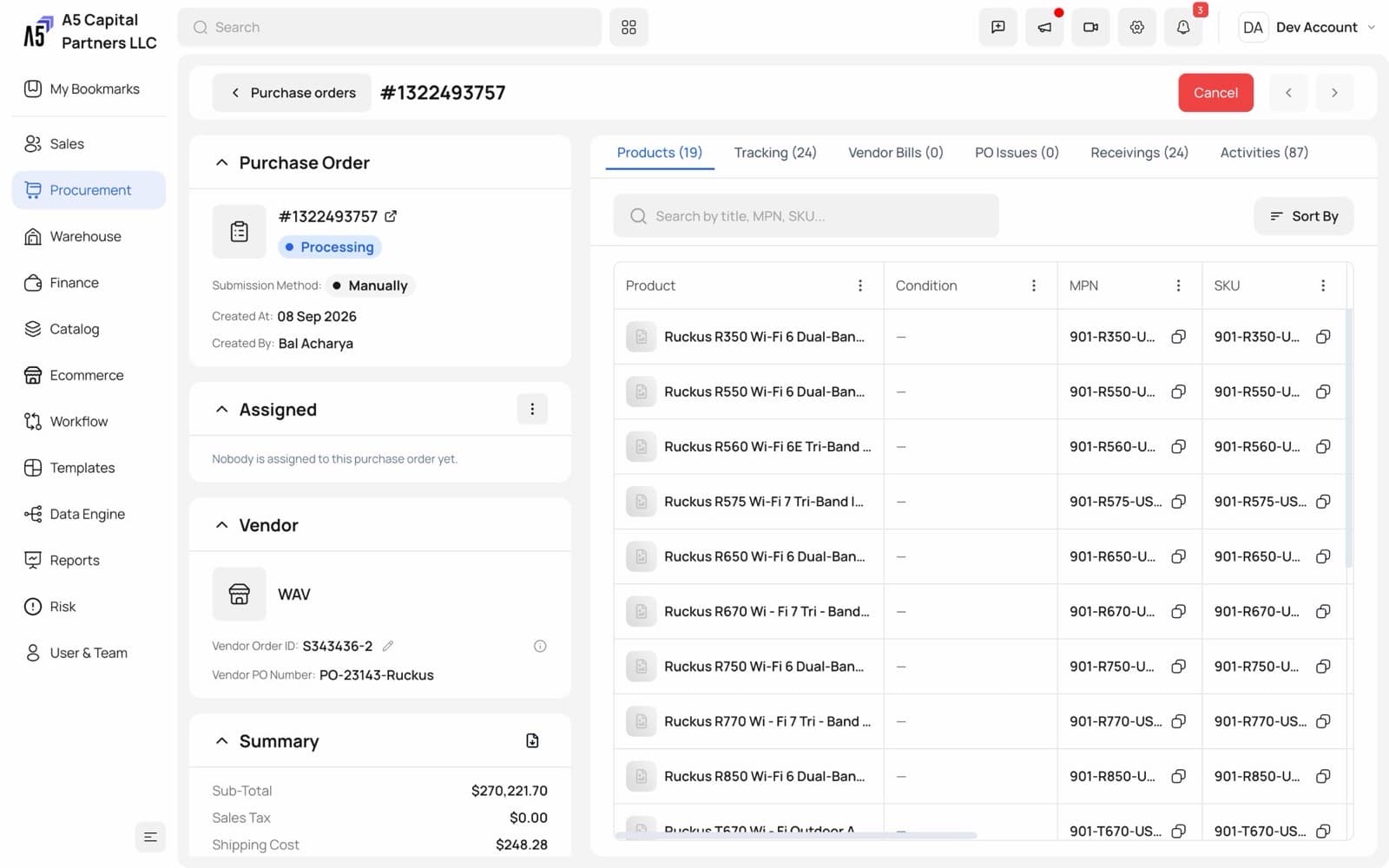 Purchase order lines with quantities and costs