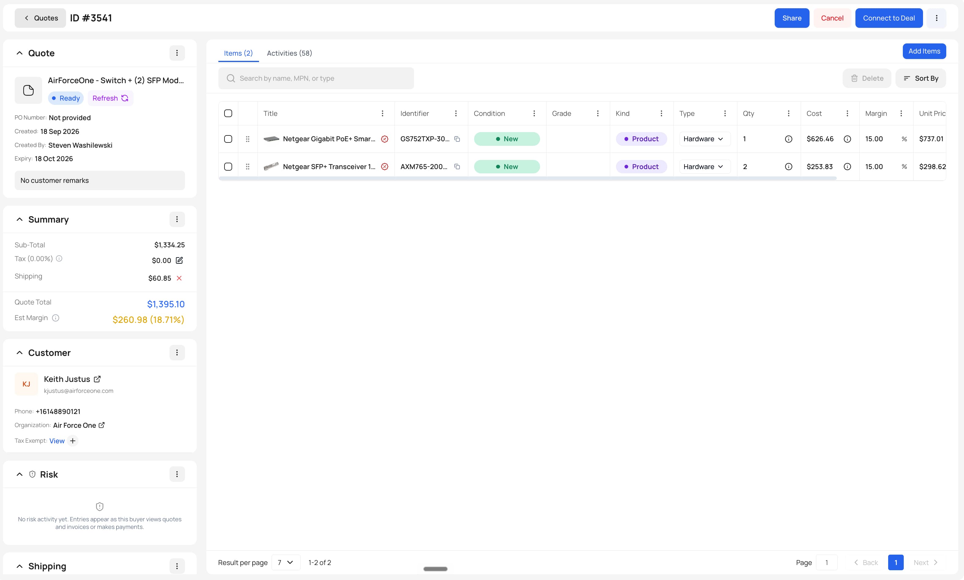 Provizo quote builder showing cost, margin and unit price per line