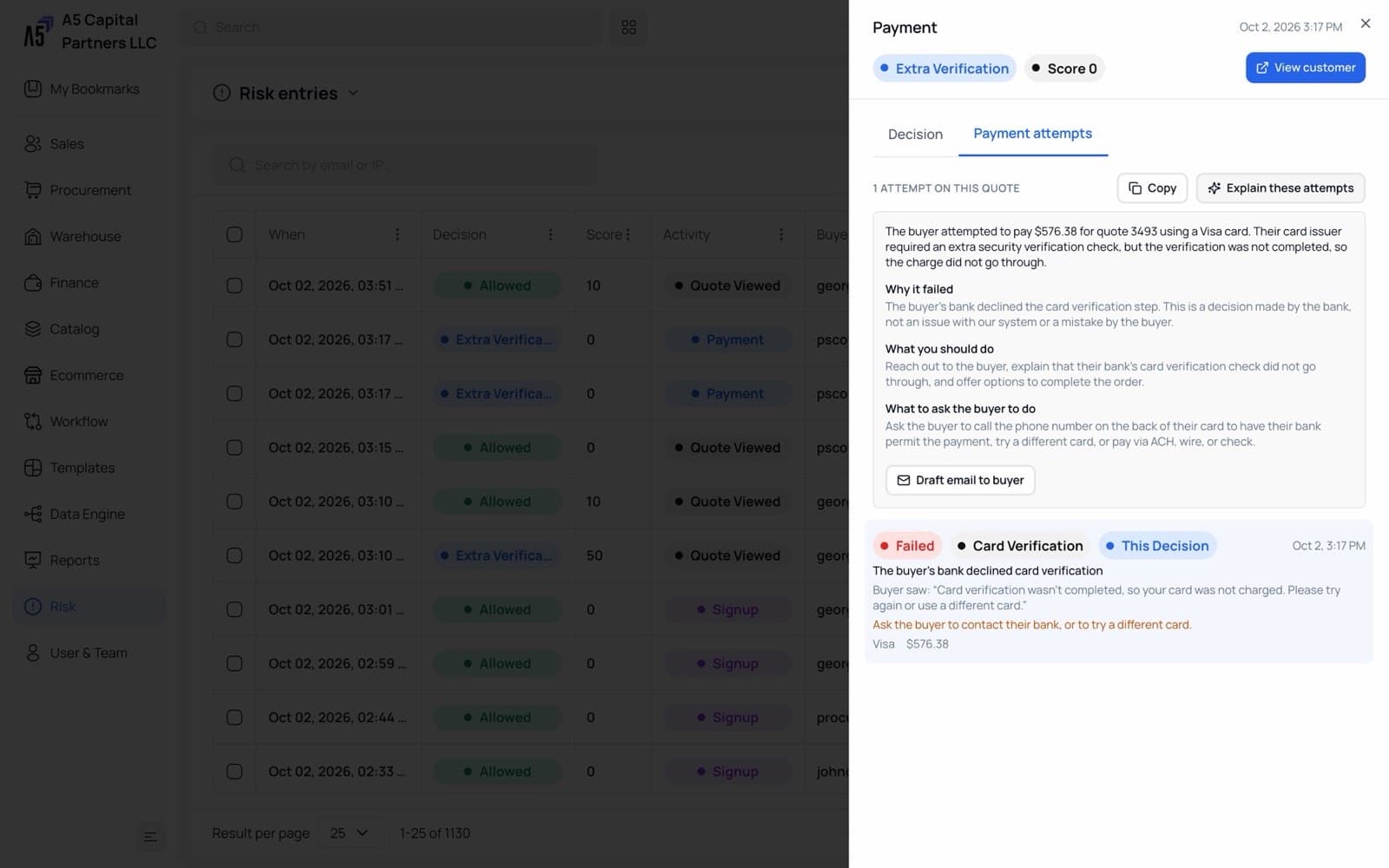 Provizo AI explaining a flagged risk entry