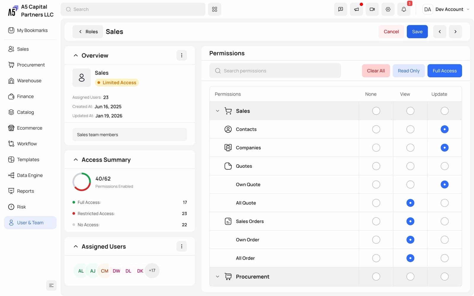 Sales role with its permissions per module