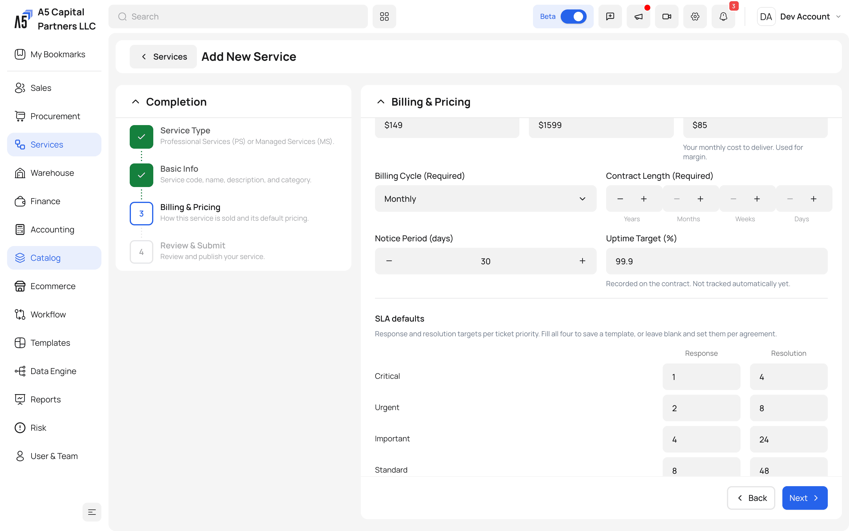 Managed service billing cycle set to monthly