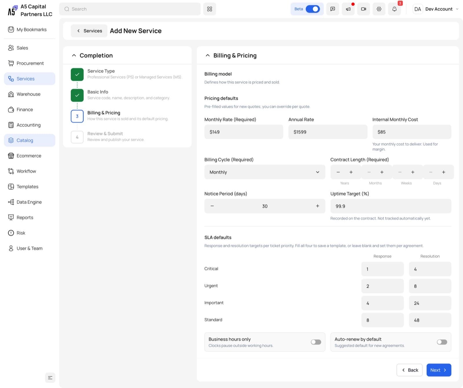 Managed service setup with billing filled in