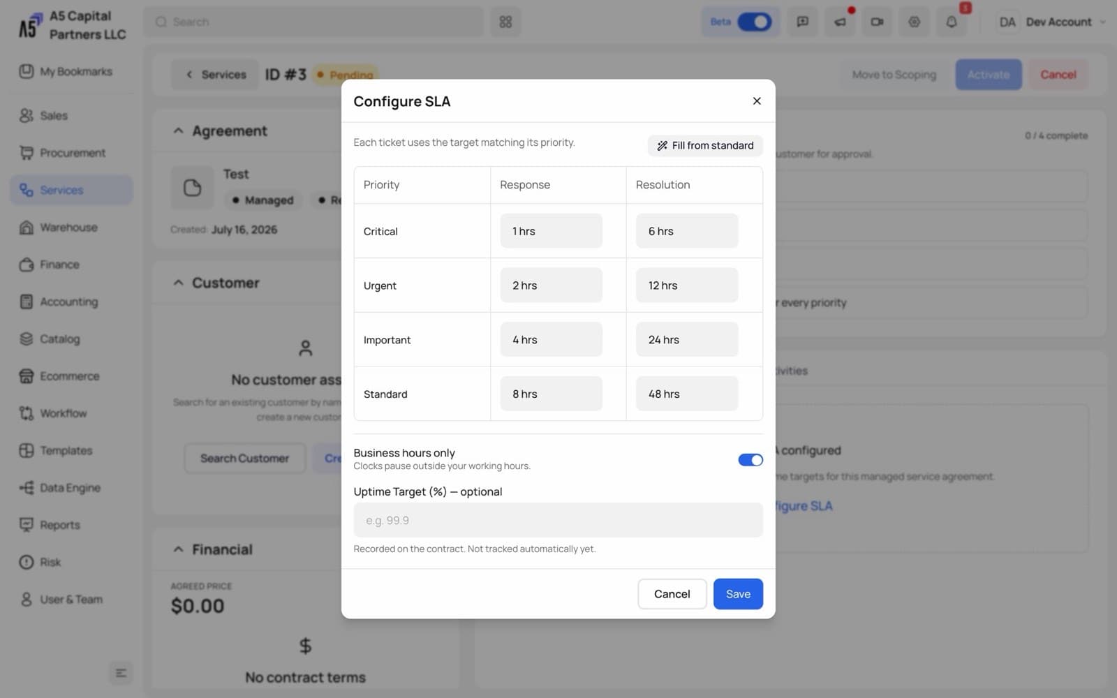 Configuring an SLA on a managed service agreement